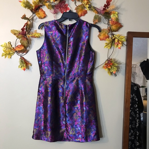 Purple Floral Metallic Fit & Flare Dress Sz L - Picture 4 of 6